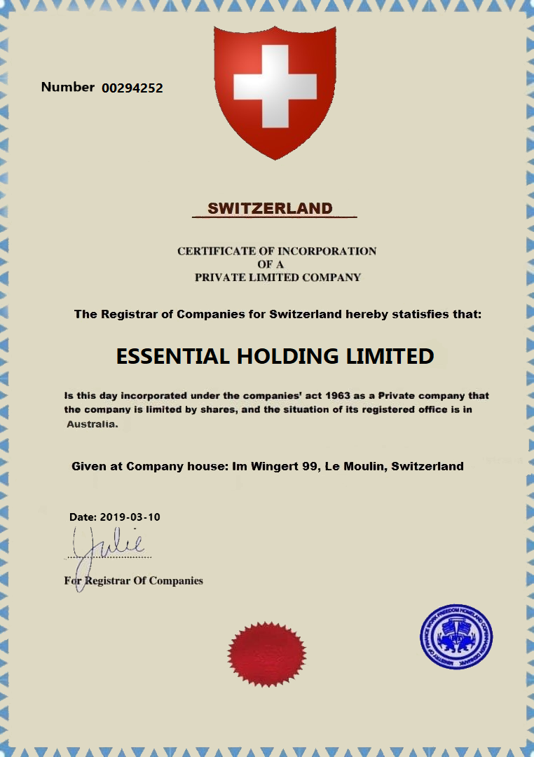 Essential Holding Limited  certificate